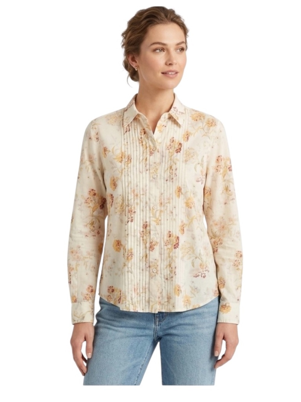 Lauren Ralph Lauren Floral Pintuck Shirt Sz L Cream Cottagecore Romantic Dainty